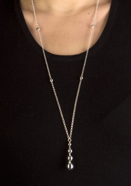 Long Silver Dainty Necklace with 6 Balls Inserted in the Chain with 4 Graduating Ball Pendant - Image 4