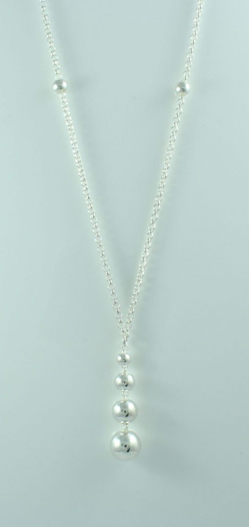 Long Silver Dainty Necklace with 6 Balls Inserted in the Chain with 4 Graduating Ball Pendant - Image 2