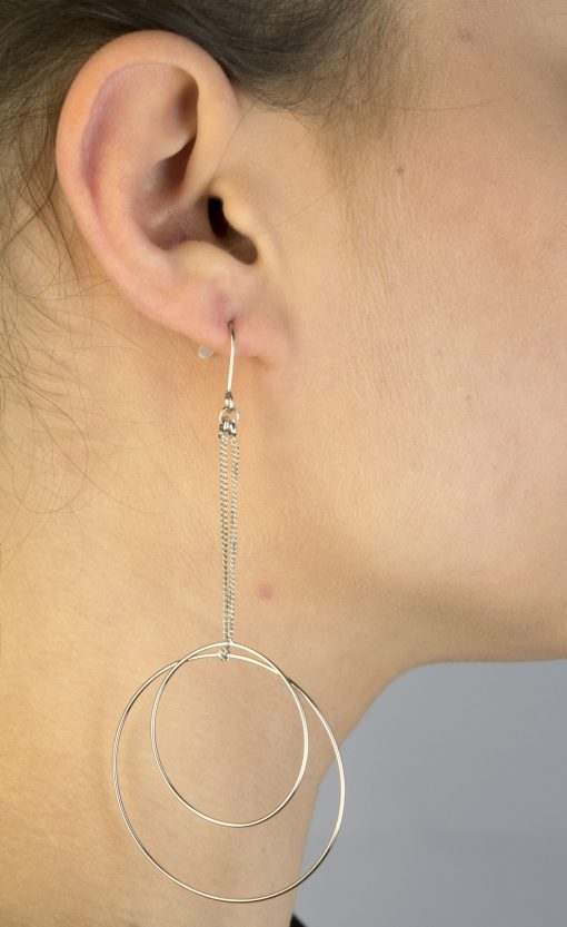 Long Silver Double Ring Earrings - Image 2