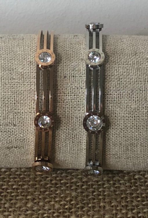 Triple Silver fine bar bangle with five diamond insets - Image 2