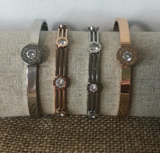 Triple Silver fine bar bangle with five diamond insets - Image 3