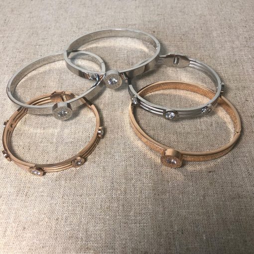 Triple Silver fine bar bangle with five diamond insets - Image 4