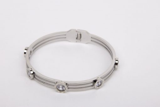 Triple Silver fine bar bangle with five diamond insets