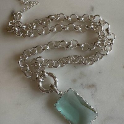 Silver Blue Cosette Allure Baguette Plated Silver Belcher Chain Necklace with Lock
