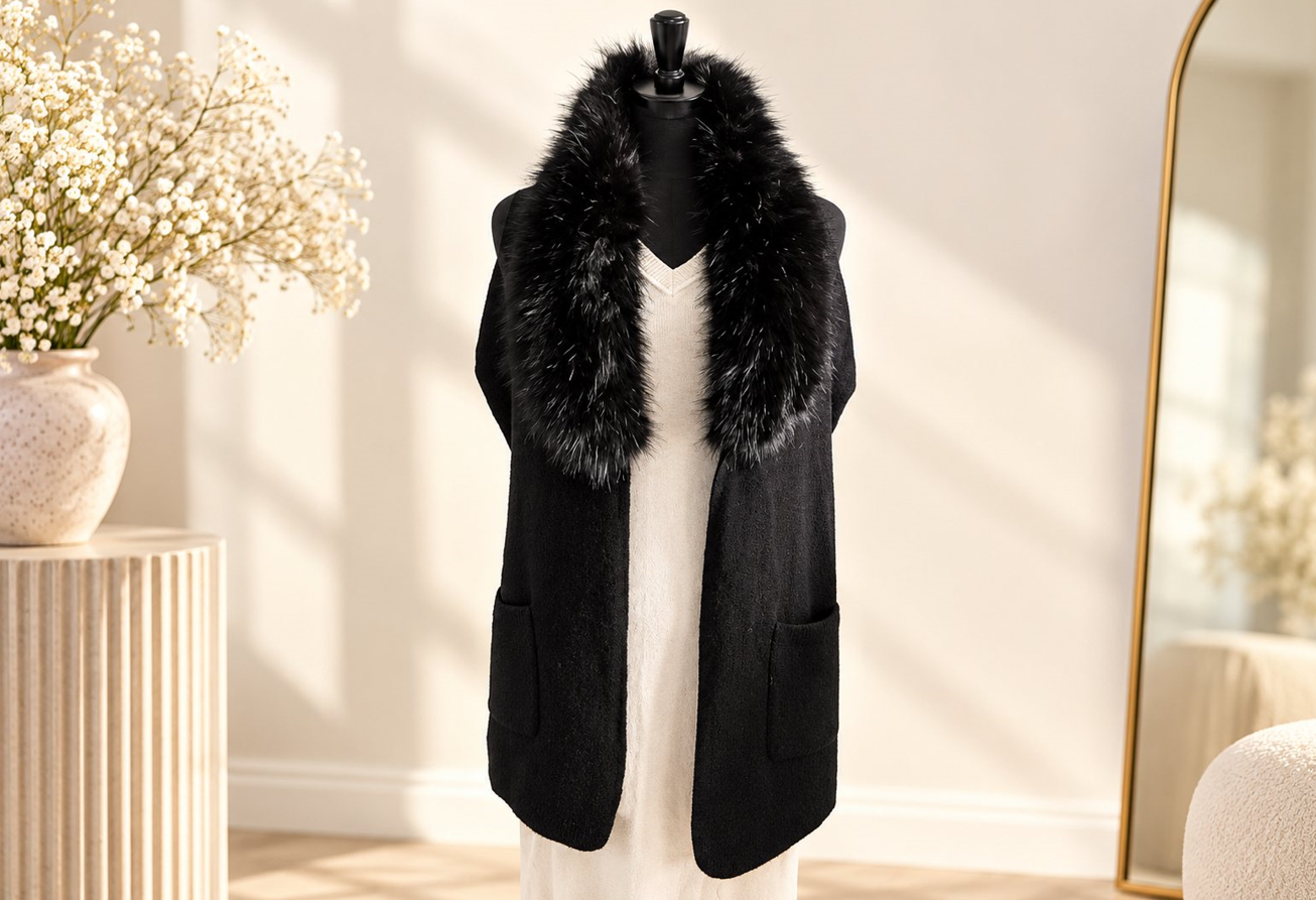 The Luxe Faux Fur Collar Pocket Scarf – Black - Image 2