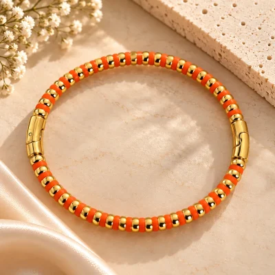 Thin Enamel Ember Gold Beaded Bracelet – Orange & Gold