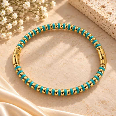 Thin Enamel Lagoon Gold Beaded Bracelet – Turquoise Blue & Gold
