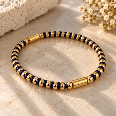 Thin Enamel Midnight Blue Beaded Bracelet – Navy & Gold