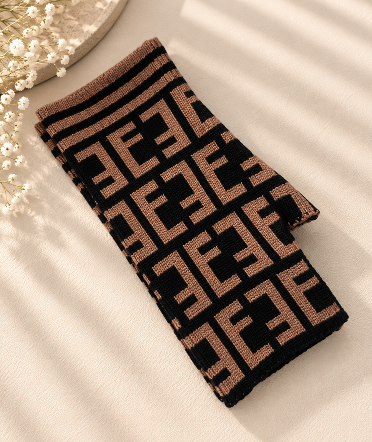 Monogram Knit Fingerless Gloves – Tan & Black - Image 2