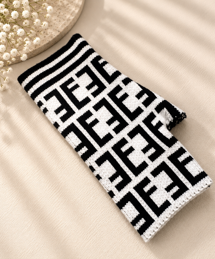 Monogram Knit Fingerless Gloves – Black & White - Image 3