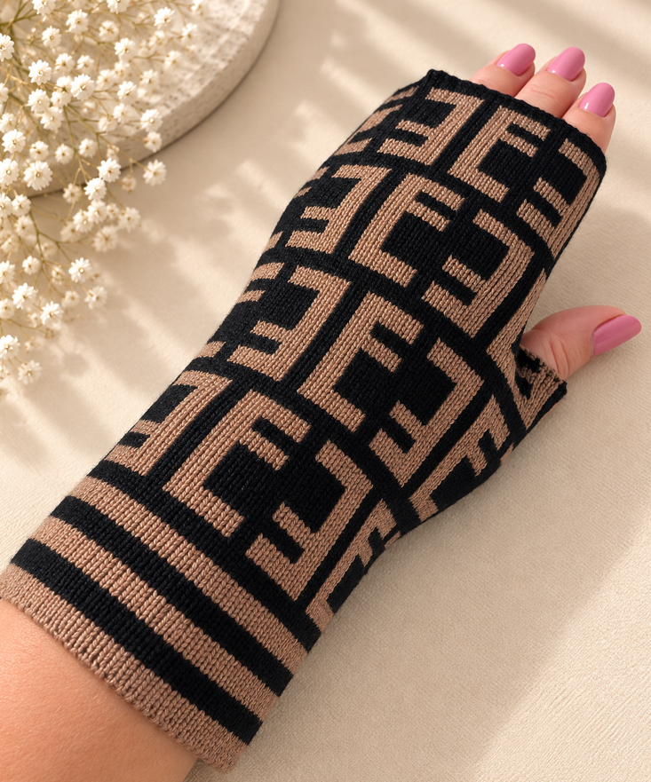 Monogram Knit Fingerless Gloves – Tan & Black