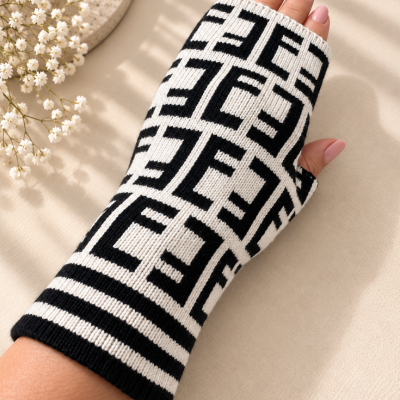 Monogram Knit Fingerless Gloves – Black & White