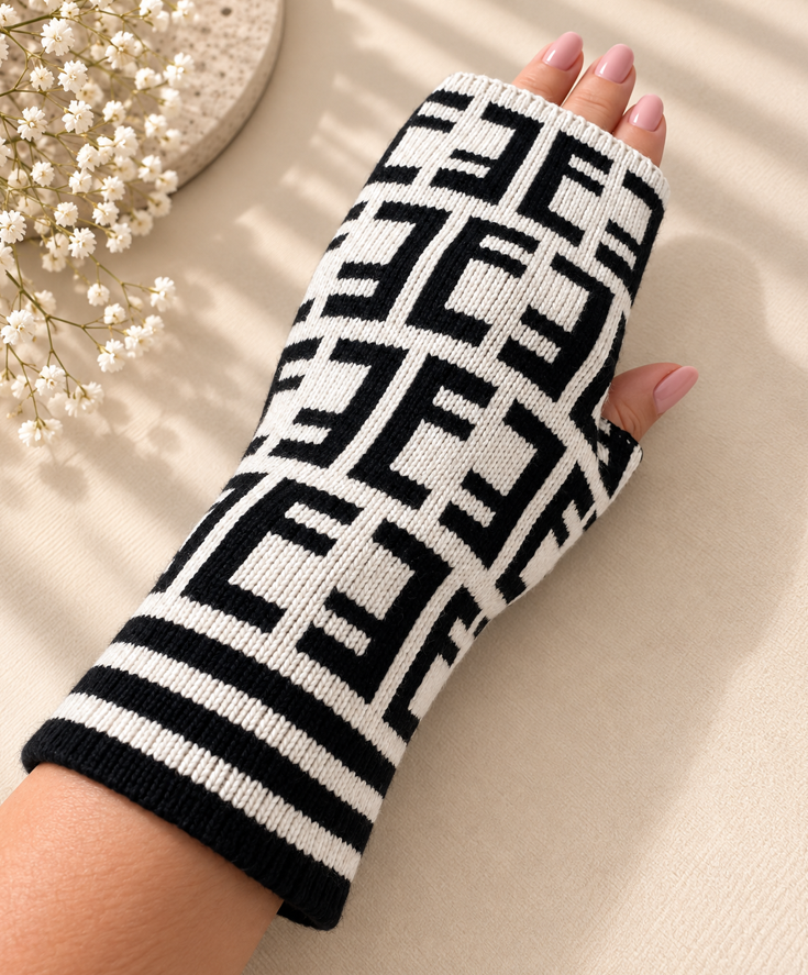 Monogram Knit Fingerless Gloves – Black & White