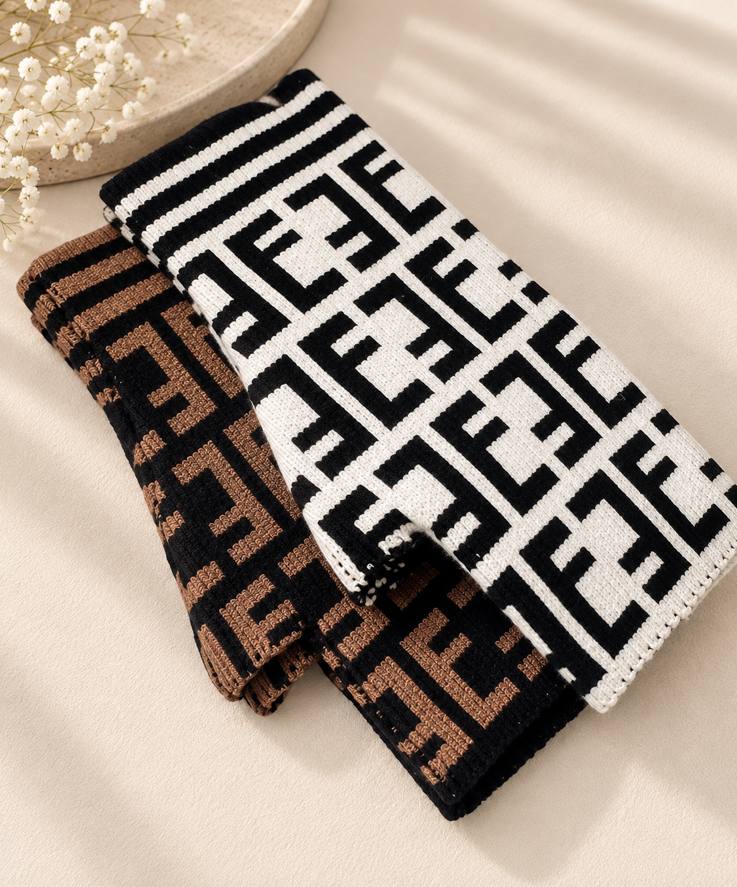 Monogram Knit Fingerless Gloves – Tan & Black - Image 3