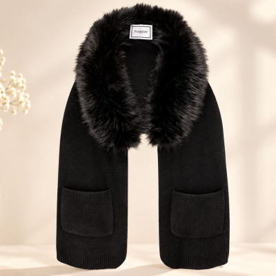 The Luxe Faux Fur Collar Pocket Scarf – Black
