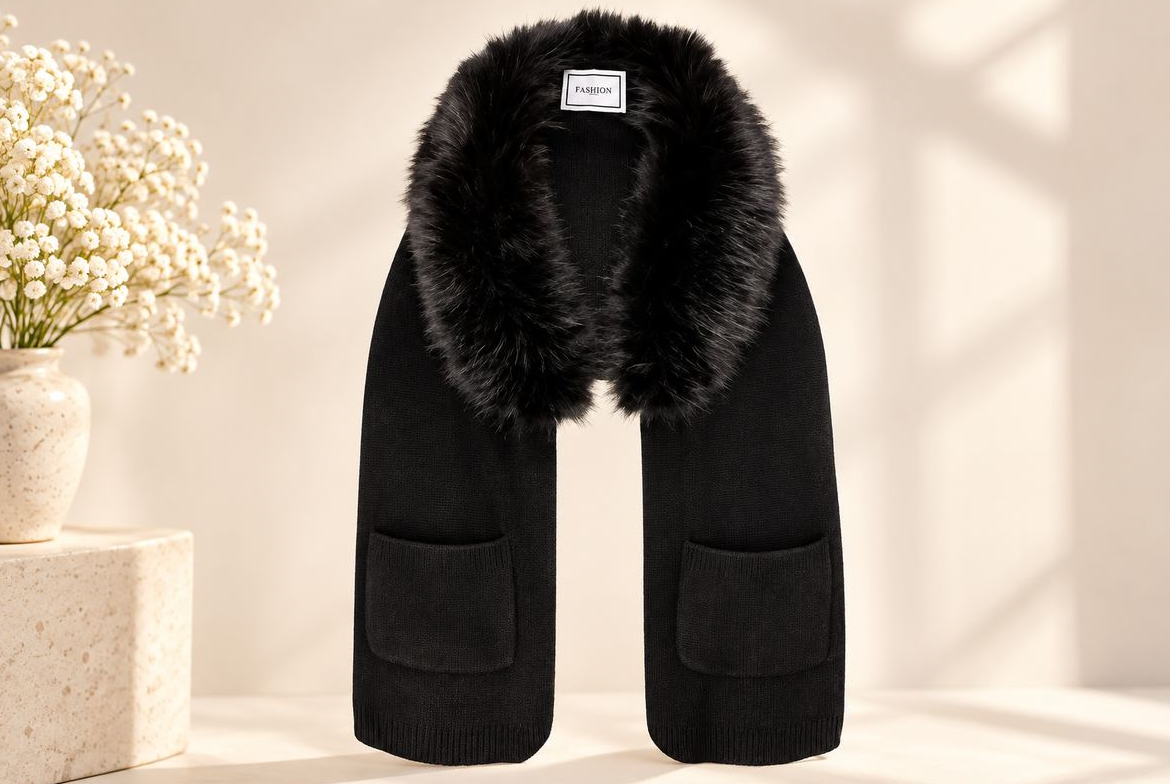 The Luxe Faux Fur Collar Pocket Scarf – Black