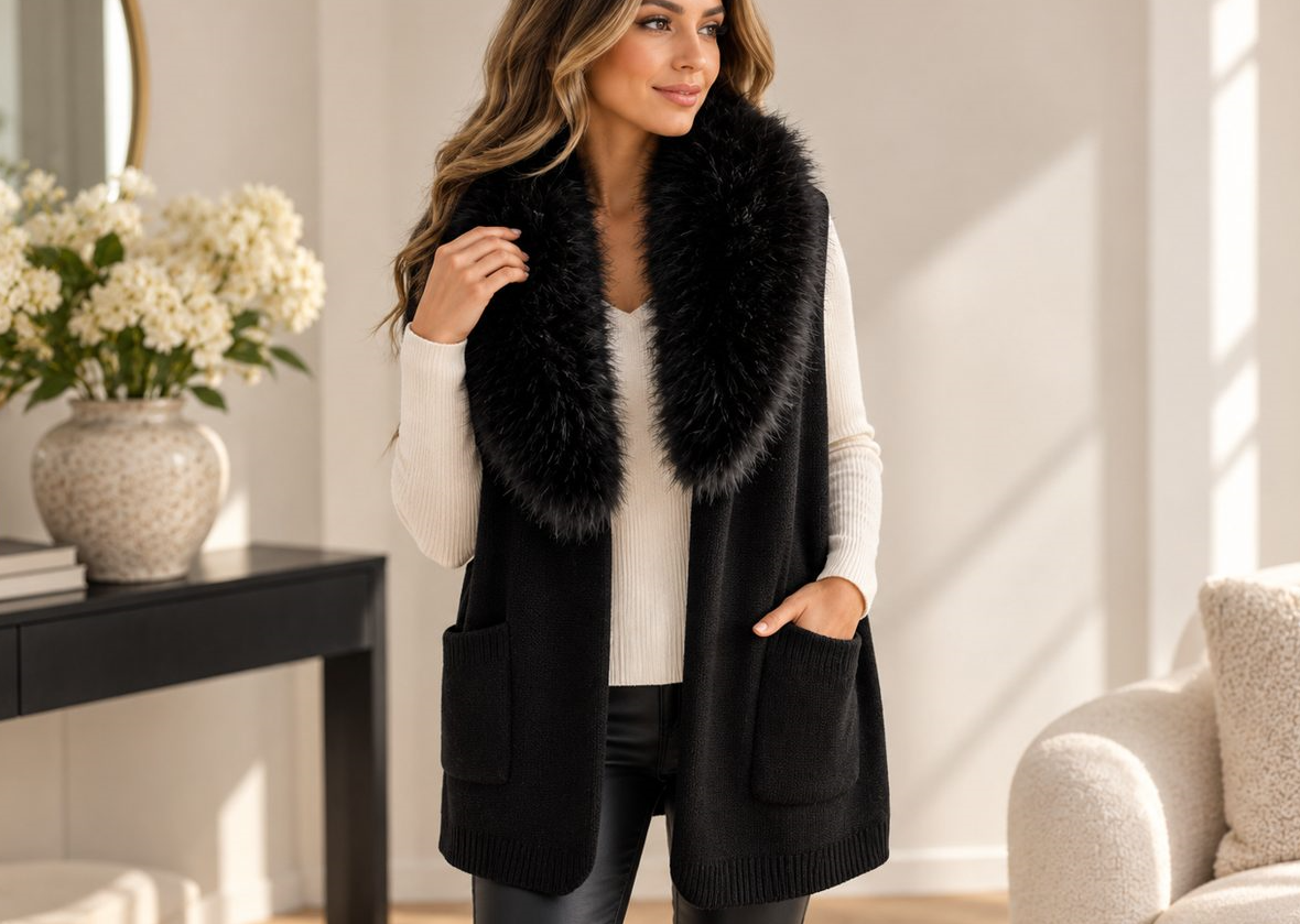 The Luxe Faux Fur Collar Pocket Scarf – Black - Image 4