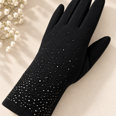 Midnight Sparkle Embellished Gloves – Black