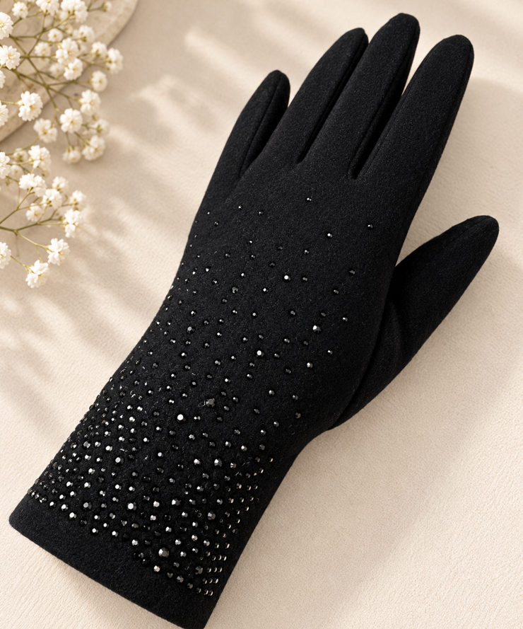 Midnight Sparkle Embellished Gloves – Black