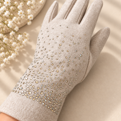 Champagne Sparkle Embellished Gloves – Beige