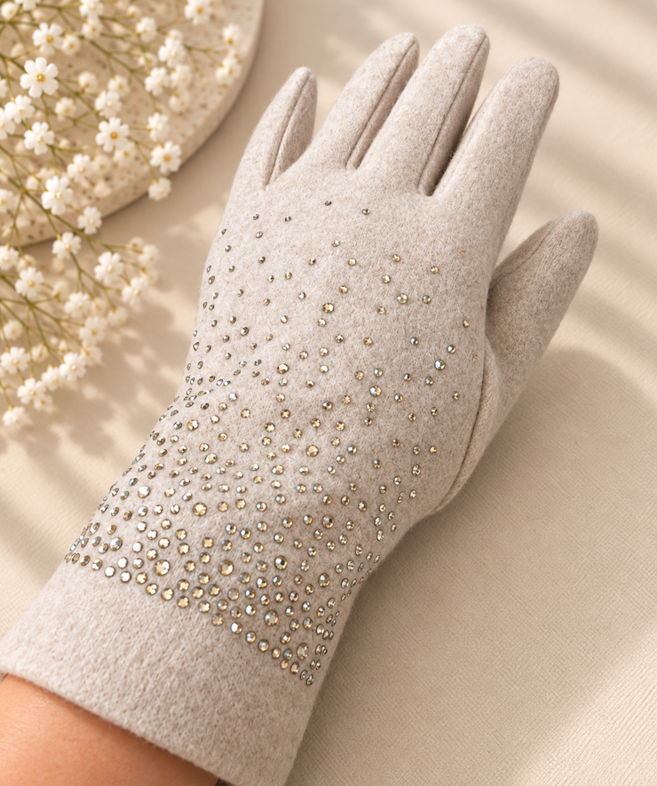 Champagne Sparkle Embellished Gloves – Beige