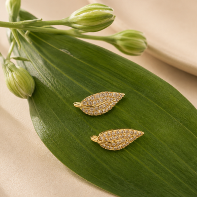 Golden Sparkle Leaf Stud Earrings