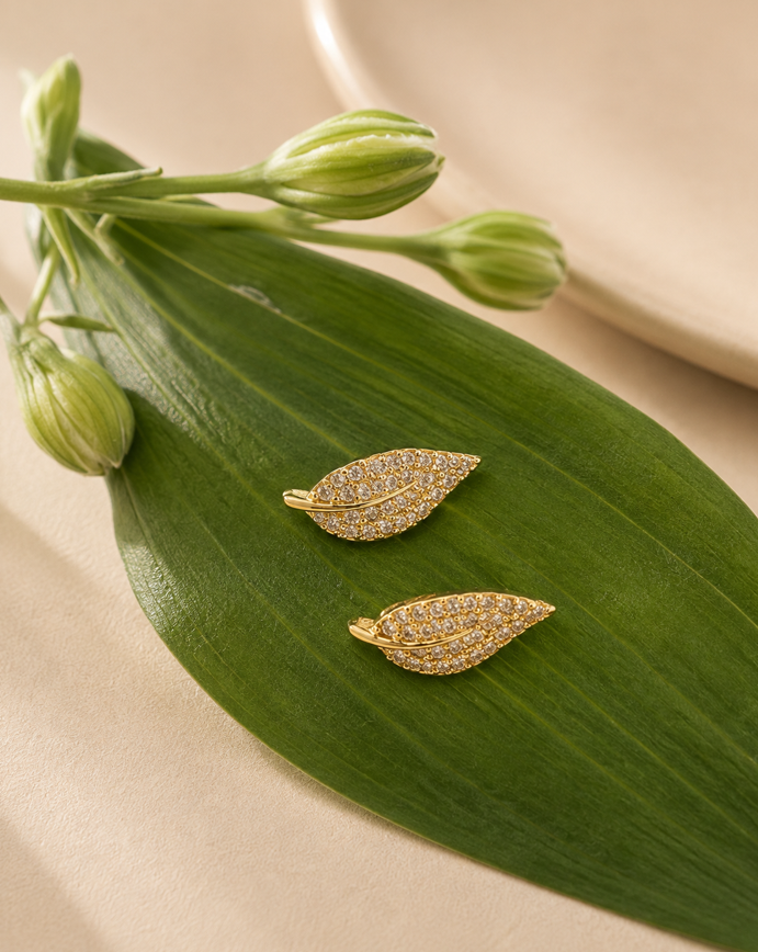 Golden Sparkle Leaf Stud Earrings