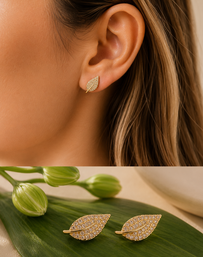 Golden Sparkle Leaf Stud Earrings - Image 3