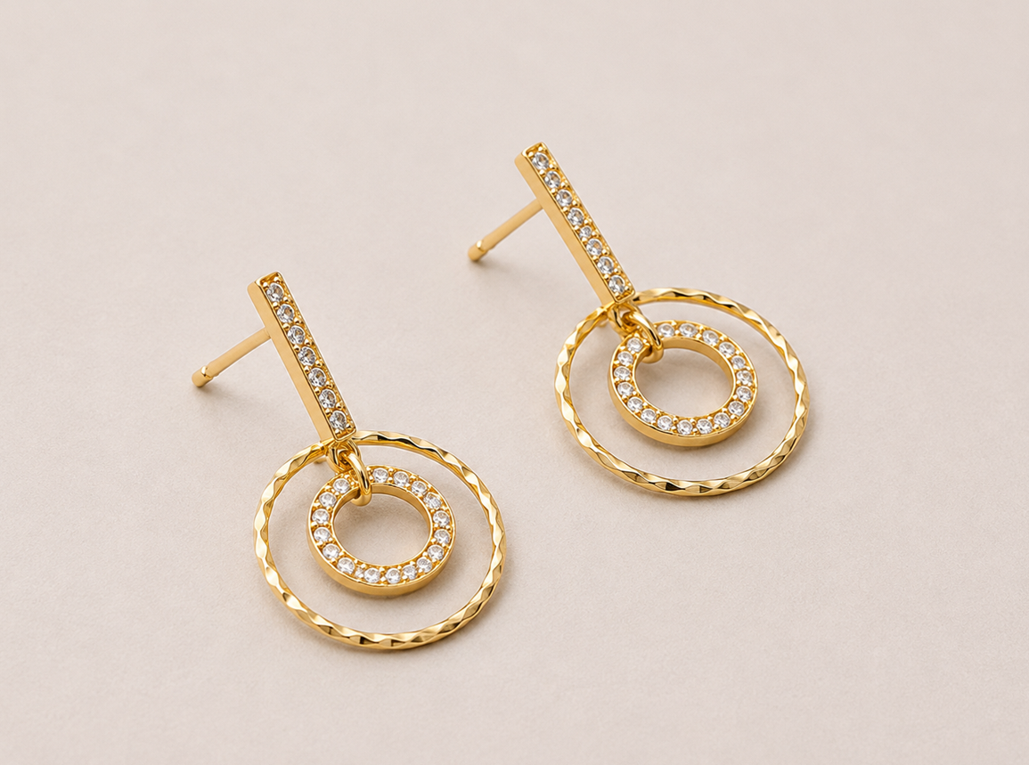 Celeste Gold Sparkle Double Circle Drop Earrings - Image 3