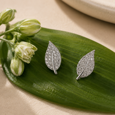 Silver Sparkle Leaf Stud Earrings