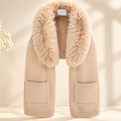 The Luxe Faux Fur Collar Pocket Scarf – Beige