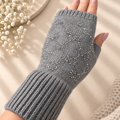 Grey — Celeste Crystal Knit Wrist Warmers