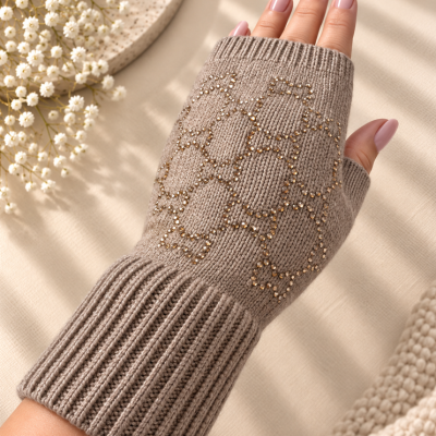 Taupe — Celeste Crystal Knit Wrist Warmers