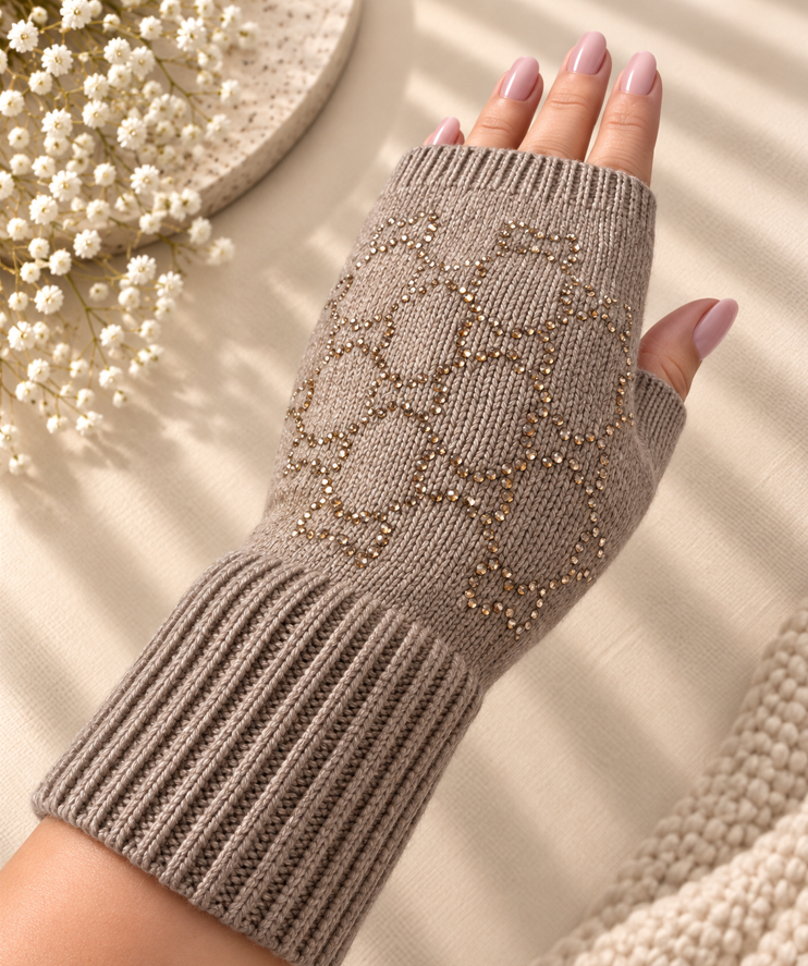 Taupe — Celeste Crystal Knit Wrist Warmers