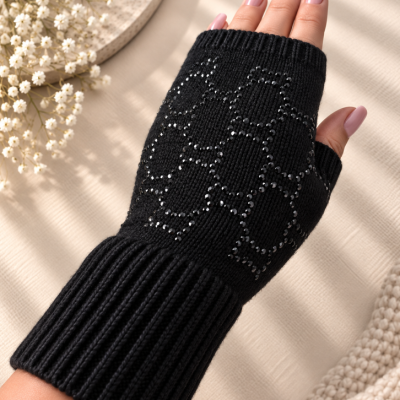 Black — Celeste Crystal Knit Wrist Warmers