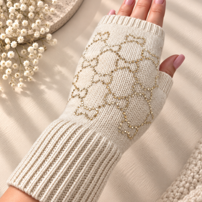 Cream — Celeste Crystal Knit Wrist Warmers