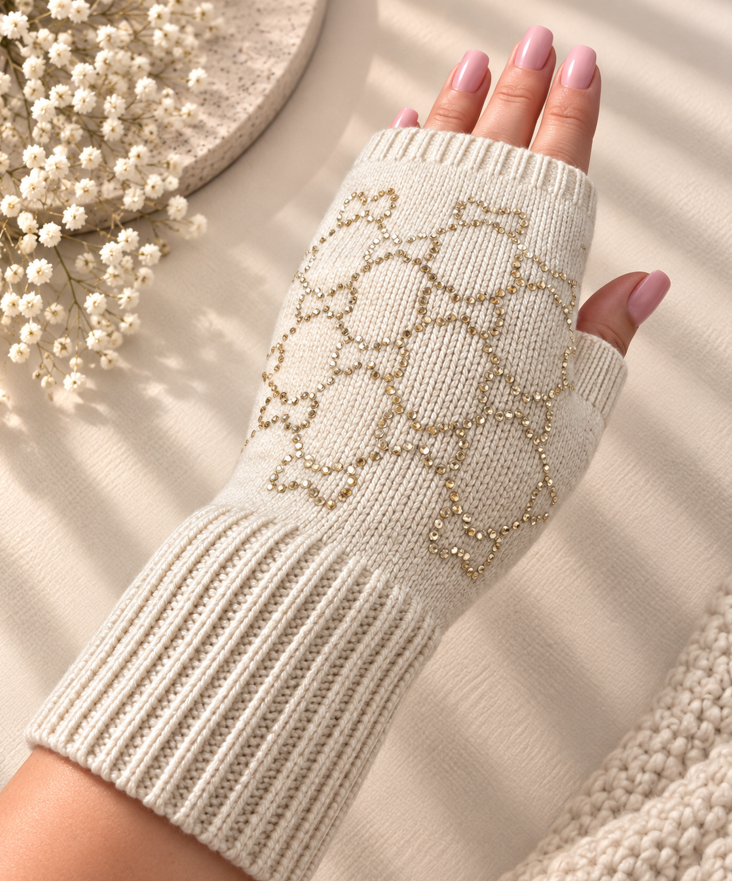 Cream — Celeste Crystal Knit Wrist Warmers