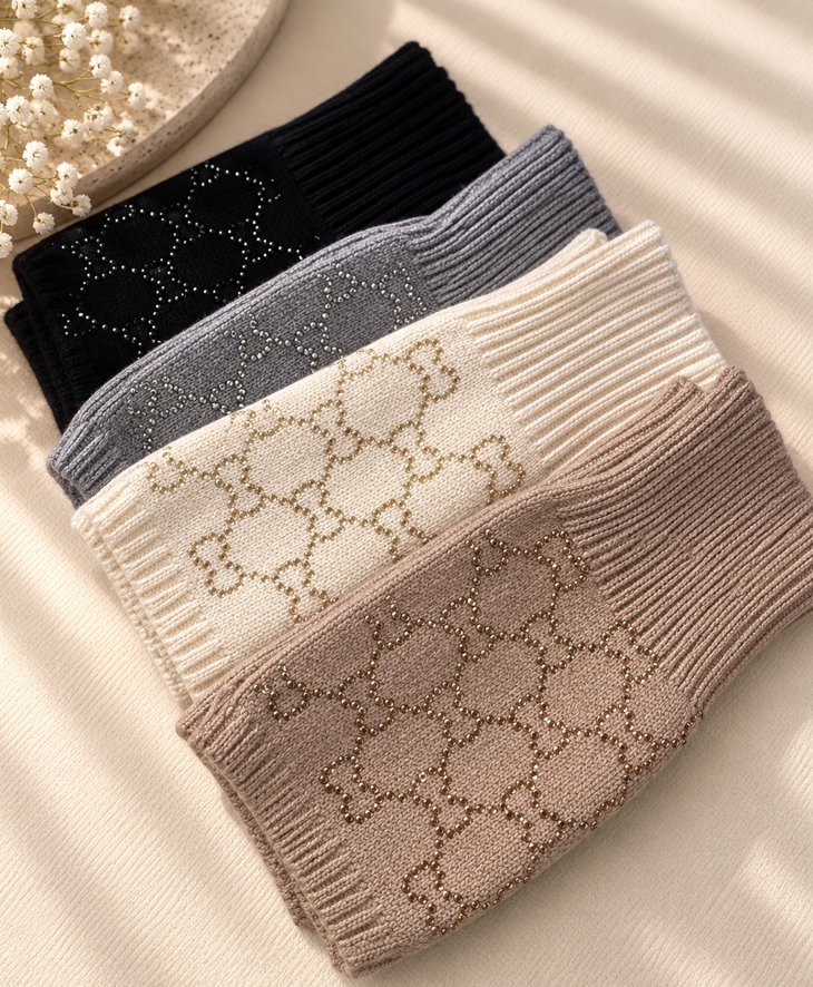 Cream — Celeste Crystal Knit Wrist Warmers - Image 3