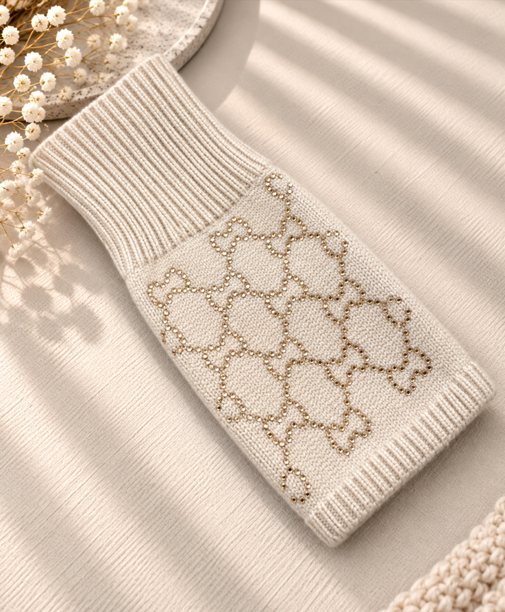 Cream — Celeste Crystal Knit Wrist Warmers - Image 2